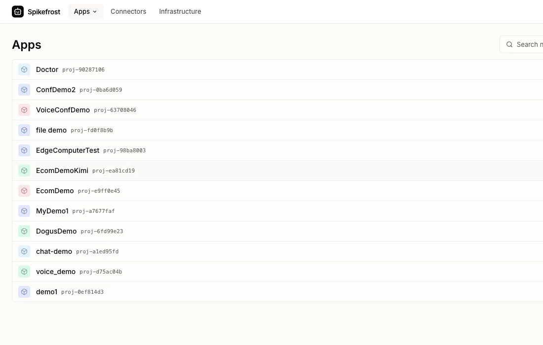 Spikefrost web console showing a team's deployed apps