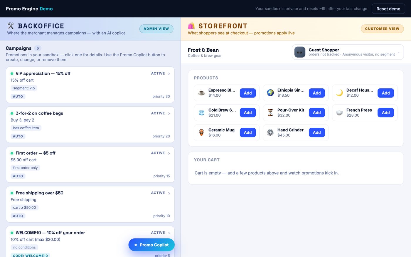 The Promo Copilot agent in the live demo creating a promotion while the storefront applies it at checkout